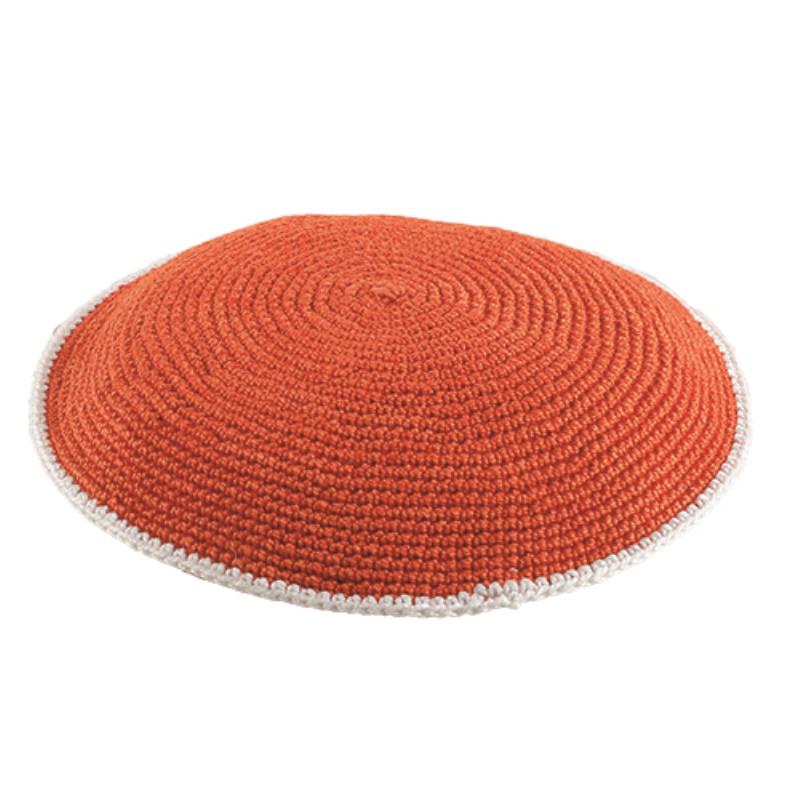 UK13607 – Knitted Flat D.m.c Kippah 13 Cm – Orange With White Stripe