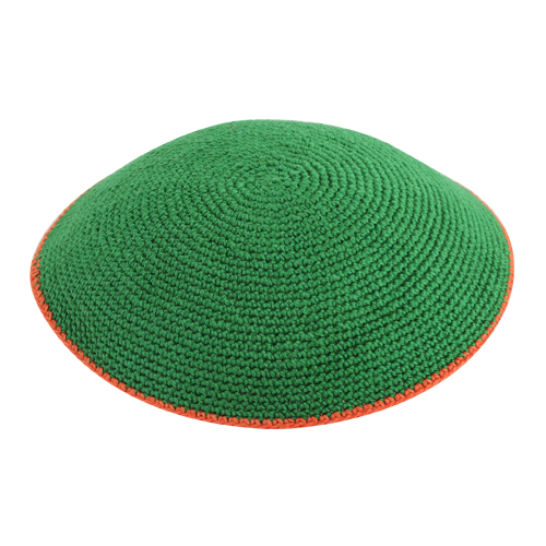 UK13609 – Knitted Flat D.m.c Kippah 13 Cm- Green With Orange Stripe Around