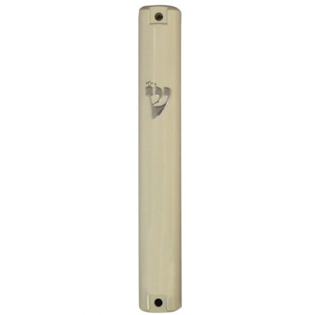 Plastic Mezuzah With  Rubber Cork 15 Cm- Beige And Silver