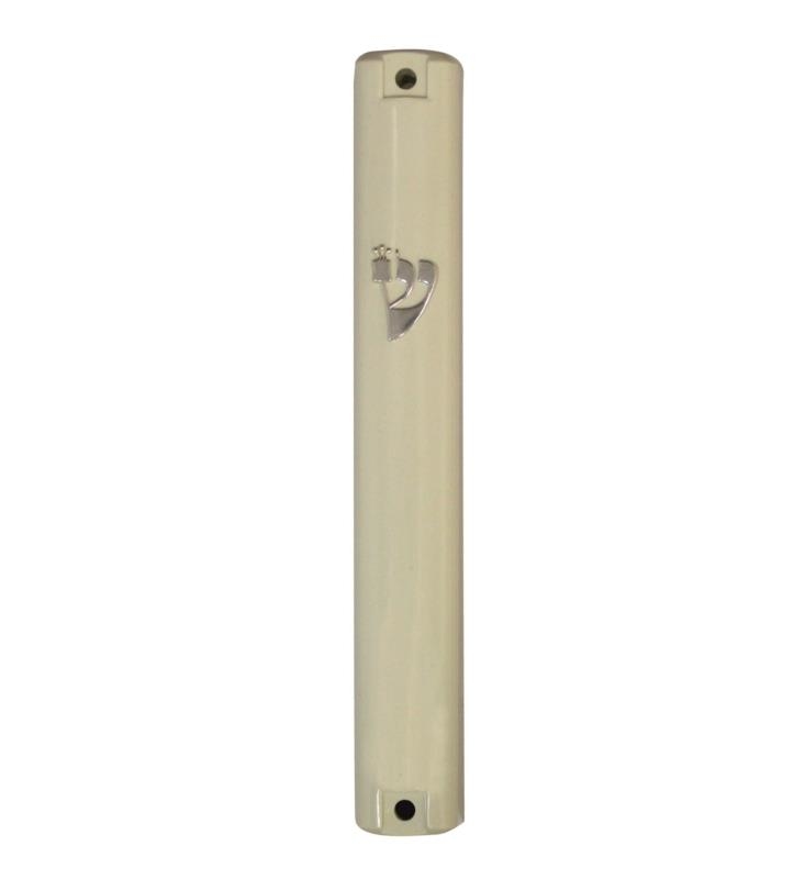 Plastic Mezuzah With  Rubber Cork 15 Cm- Beige And Silver