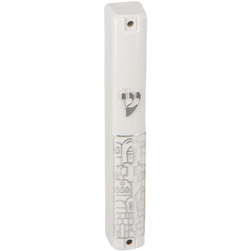 Plastic Mezuzah With  Rubber Cork 12 Cm-white  With Silver "jerusalem"