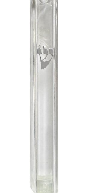 Plastic Transparent Mezuzah With  Rubber Cork 7 Cm- With Silver Shin