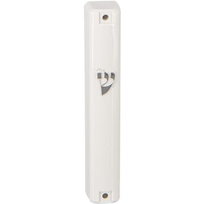 White Plastic Mezuzah with Rubber Cork 20 cm - with Silver Shin