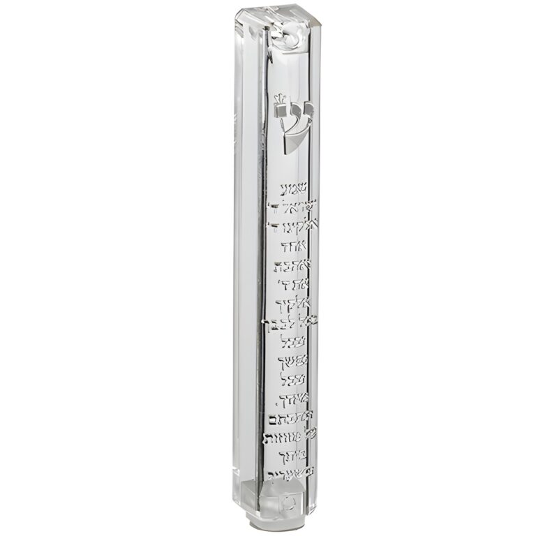 Plastic Clear Mezuzah with Rubber Cork 12 cm - "Shema Yisrael" with Silver Shin