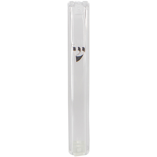 Transparent Plastic Mezuzah With Rubber Cork 12 Cm- With Silver Shin