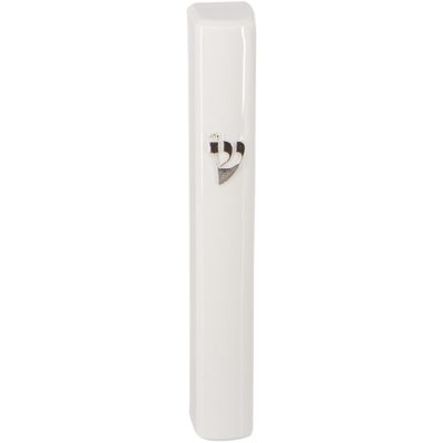 Plastic Mezuzah with Rubber Cork 12 cm- White with Silver Shin - Without Holes