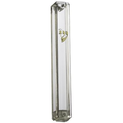 Clear Plastic Mezuzah with Rubber Cork 12 cm - with Gold Shin (28281)