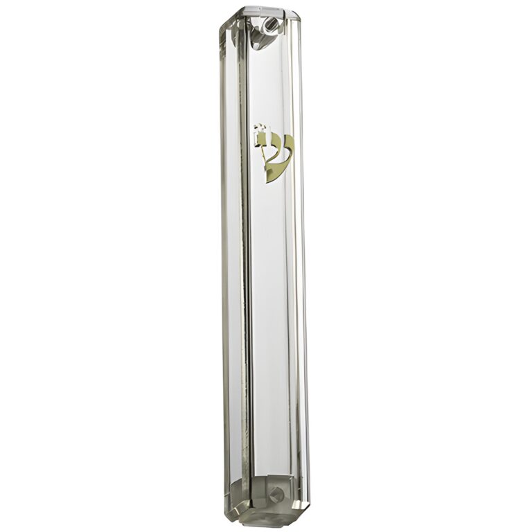 Clear Plastic Mezuzah with Rubber Cork 12 cm - with Gold Shin (28281)