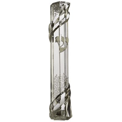 Plastic Clear Mezuzah with Rubber Cork 12 cm - "Jerusalem" with Silver Shin