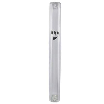 Clear Plastic Mezuzah with Rubber Cork 15 cm- with Silver Shin (28952)