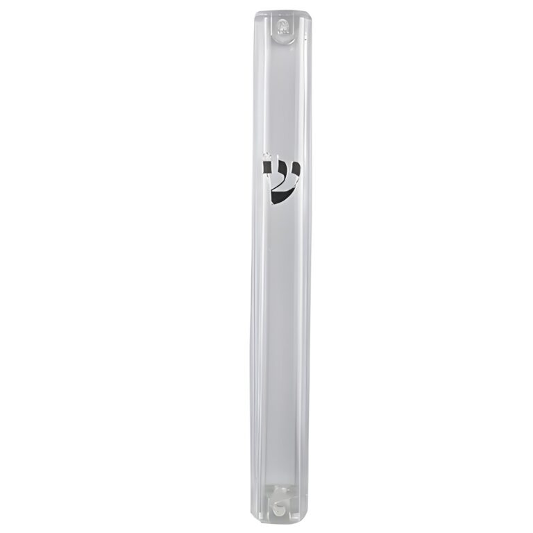 Clear Plastic Mezuzah with Rubber Cork 15 cm- with Silver Shin (28952)