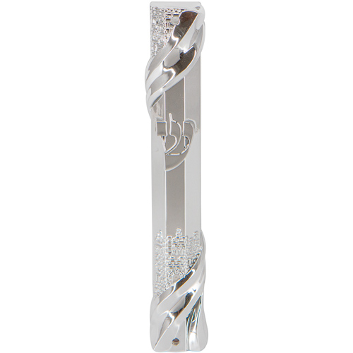 Plastic Mezuzah With Rubber Cork 12 Cm- Jerusalem Theme In Silver