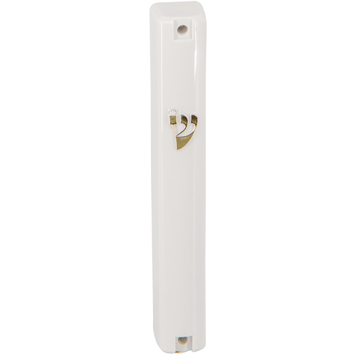 Plastic Mezuzah With Rubber Cork  12 Cm- White With Gold Shin