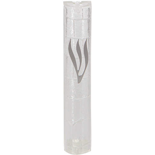 Plastic Transparent Mezuzah With Rubber Cork 12 Cm- "the Kotel" With Silver Shin