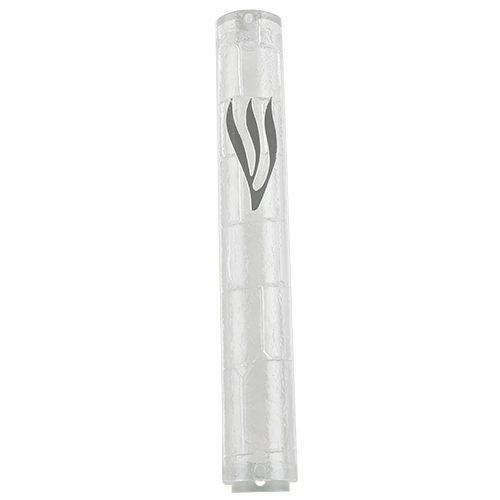 Plastic Transparent Mezuzah With Rubber Cork 15 Cm- "the Kotel" With Silver Shin
