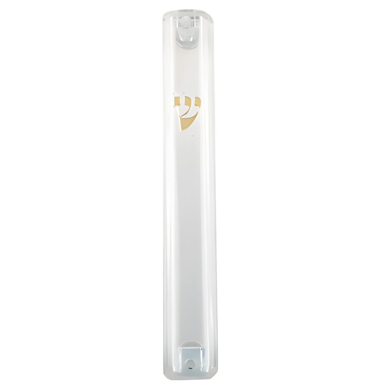 Plastic Clear Mezuzah With Rubber Cork 10 Cm - With Gold Shin (28280)