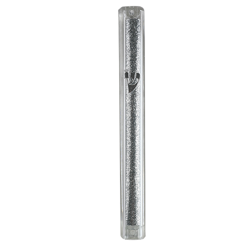 Plastic Glitter Transparent Mezuzah With Rubber Cork 15 Cm-  With Silver Shin