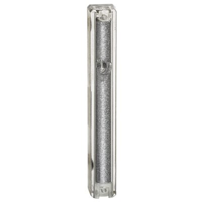Plastic Glitter Clear Mezuzah with Rubber Cork 12 cm- with Silver Shin