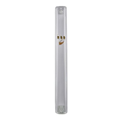 Clear Plastic Mezuzah with Rubber Cork 15 cm- with Gold Shin (28282)