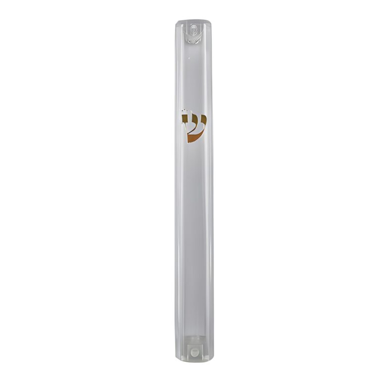 Clear Plastic Mezuzah with Rubber Cork 15 cm- with Gold Shin (28282)