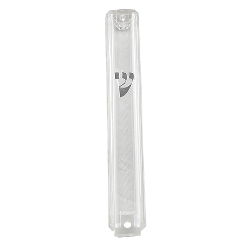 Clear Plastic Mezuzah With Rubber Cork 10 Cm- With Silver Shin