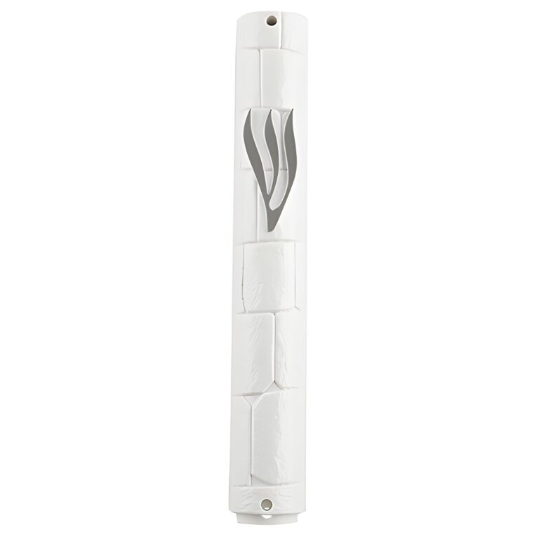 White Plastic Mezuzah with Rubber Cork 12 cm- "the Kotel" with Silver Shin