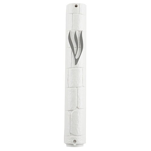 White Plastic Mezuzah With Rubber Cork 12 Cm- "the Kotel" With Silver Shin