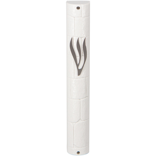 Plastic Mezuzah With Rubber Cork 15 Cm- "the Kotel" White With Silver Shin