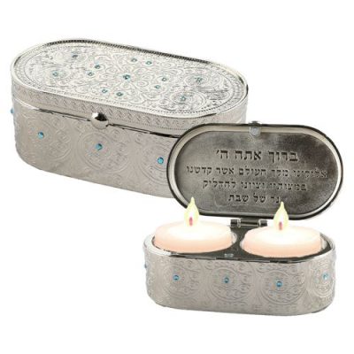 Nickel Travel Size Candlesticks In A Box With Cover Inlaid With Light Blue Stones 4x9 Cm- "filigree"