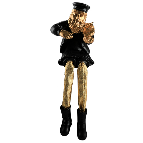 Black Polyresin Sitting Hassidic Figurine With Golden Cloth Legs 25 Cm- Violin Player