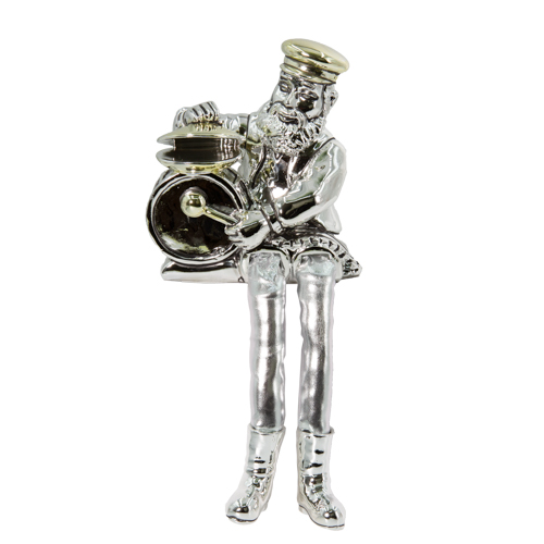 Silvered Polyresin Sitting Hassidic Figurine With Cloth Legs 26 Cm- Drums Player