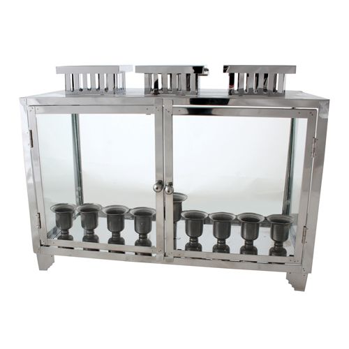 Metal And Glass Menorah Box With Candle Holders 51x40x20 Cm - Nickel Profiles