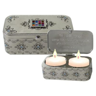 Nickel Travel Size Candlesticks in a Box with Cover 3x9 cm Inlaid with Choshen Stones