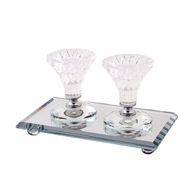 Pair Elegant Crystal Candlesticks 8cm with Elegant Tray 18x10 cm