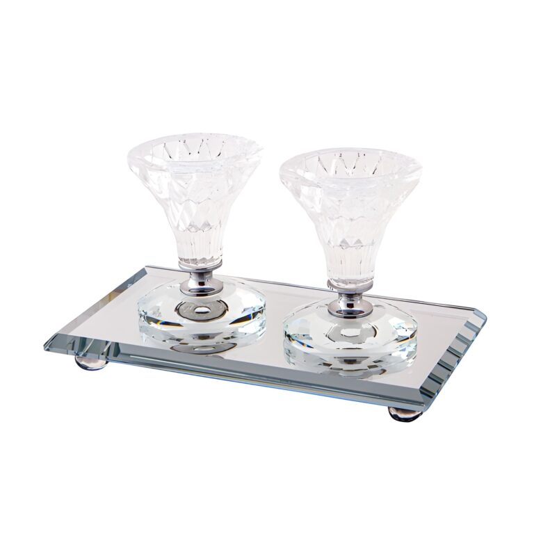 Pair Elegant Crystal Candlesticks 8cm with Elegant Tray 18x10 cm