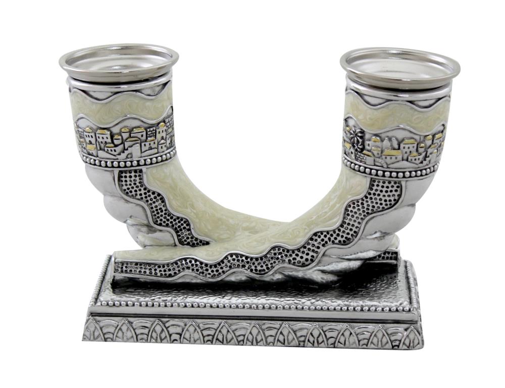Elegant Silvered Polyresin Shofar Candlesticks With Jerusalem Enamel 11x15 Cm