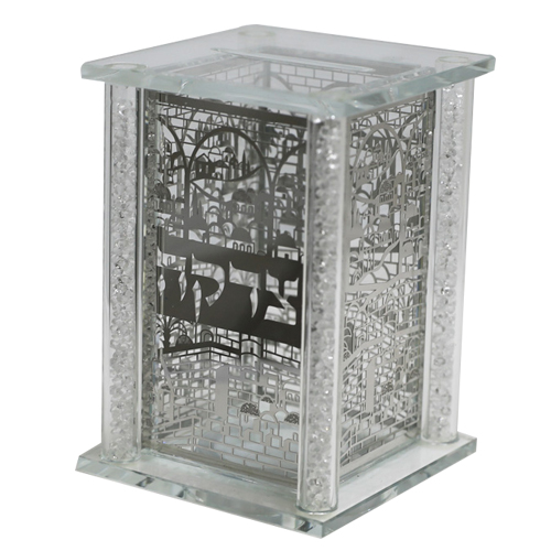 Elegant Crystal Tzedakah Box With Metal Plates 13x9 Cm