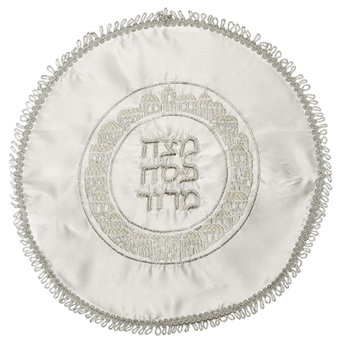 Elegant White Satin Passover Cover With Silver&gold Embroidery 45 Cm - "jerusalem Circle Design"