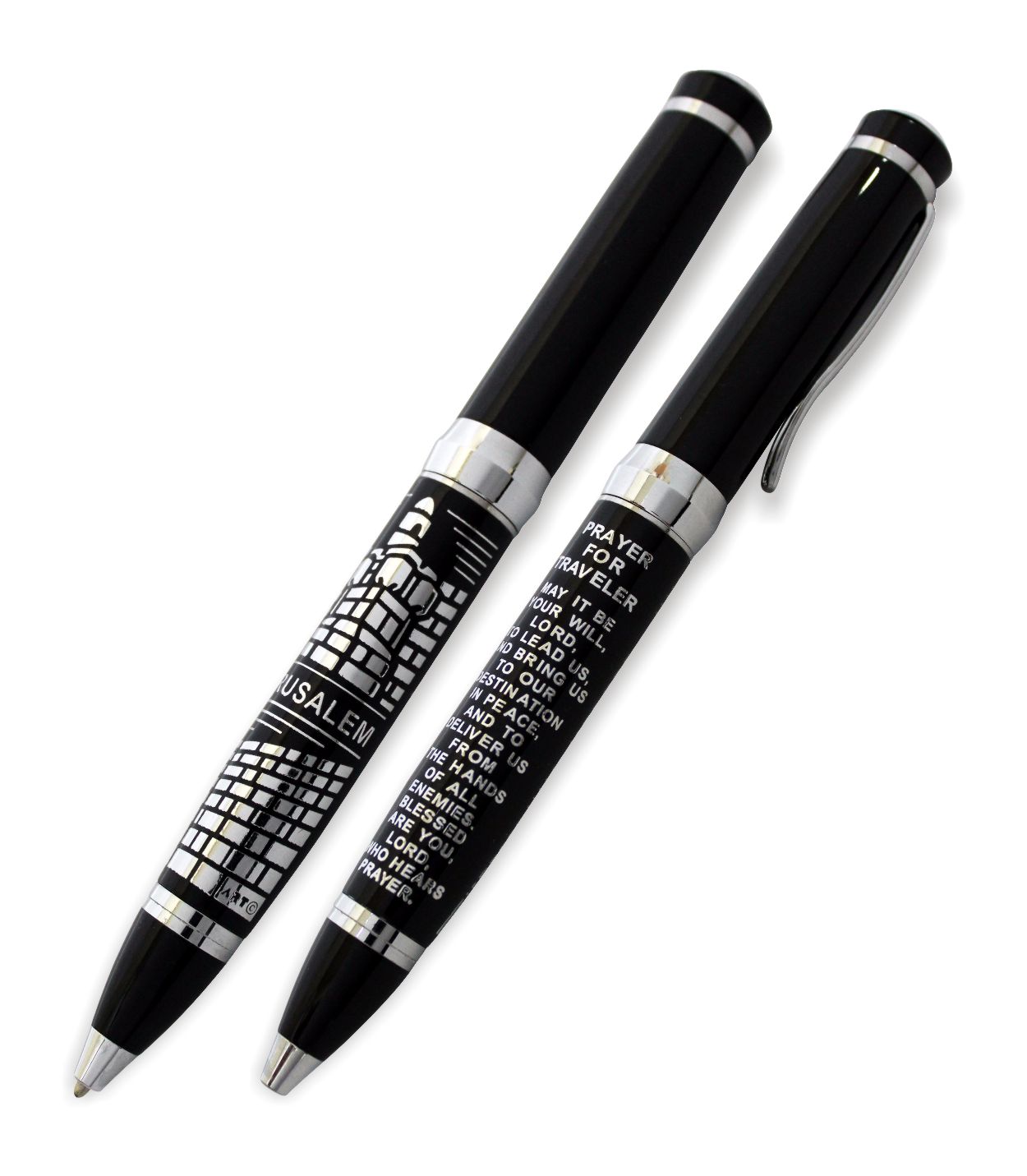 Elegant Black Pen Inscribed With Silver "traveler's Prayer" With "jerusalem" Design 13.5 Cm- English