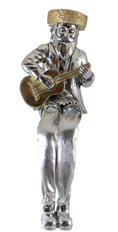 Silvered Polyresin Sitting Hassidic Figurine With Cloth Legs 18 Cm- Guitar Player