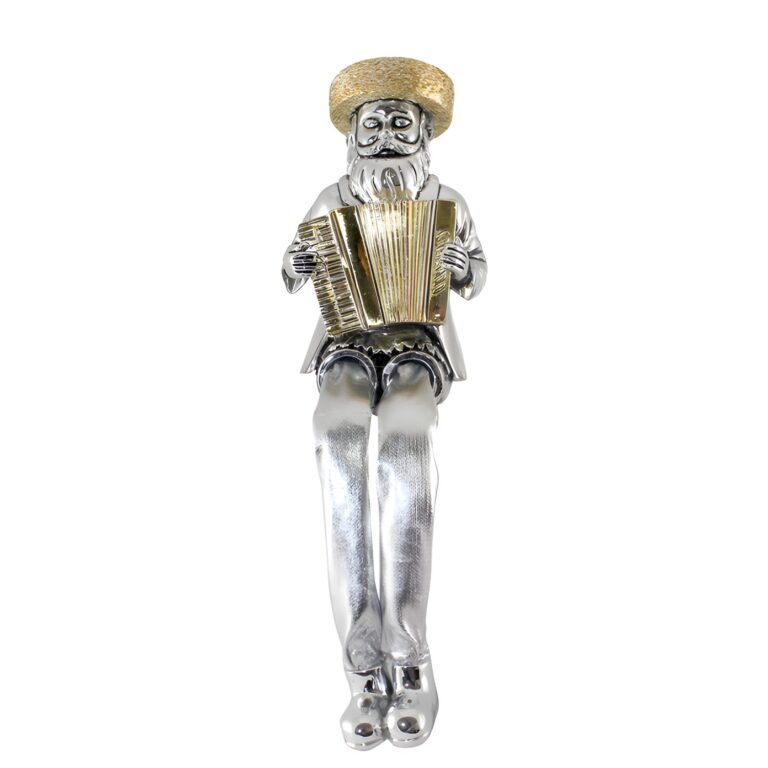 Silvered Polymer Sitting Hassidic Figurine With Cloth Legs 19 Cm- Accordion Player