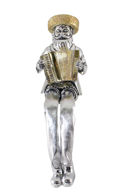 Silvered Polyresin Sitting Hassidic Figurine With Cloth Legs 19 Cm- Accordion Player
