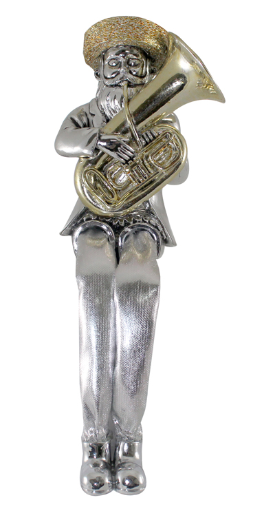 Silvered Polyresin Sitting Hassidic Figurine With Cloth Legs 19 Cm- Tuba Player