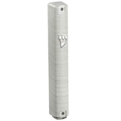 Plastic Mezuzah with Rubber Cork 12 cm - 3d Metallic Silver Striped Design - Gray