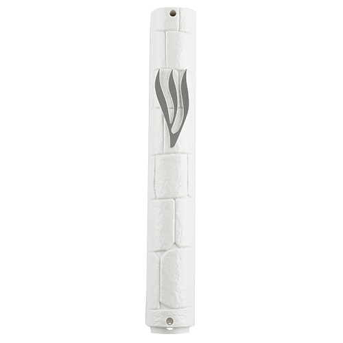 Plastic Silver Mezuzah With Rubber Cork 20 Cm- "the Kotel" With The Letter Shin