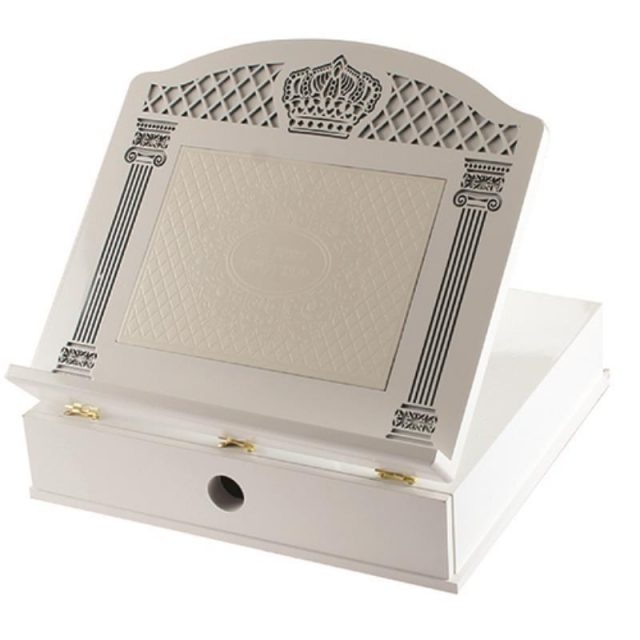 Luxurious White Wooden Shtender 35x40 Cm- With Sha'ar Vilna Faux Leather Plaque  & Drawer