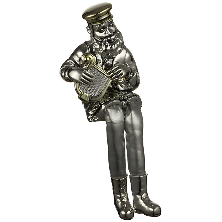 Polymer Sitting Hassidic Figurine with Black Cloth Legs 26 cm - Harp Player - Silvered