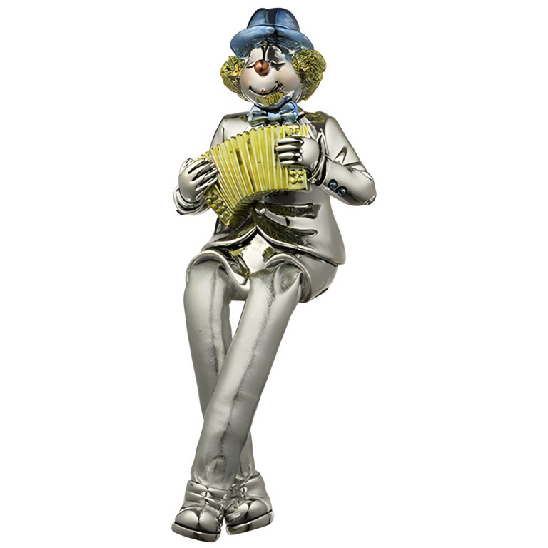 Polymer Clown Figurine with Cloth Legs 12 cm- Accordion Player - Silvered