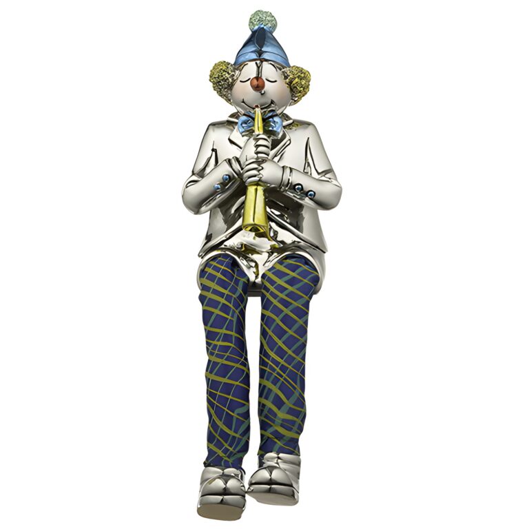 Polymer Clown Figurine with Cloth Legs 12 cm- Clarinet Player - Silvered