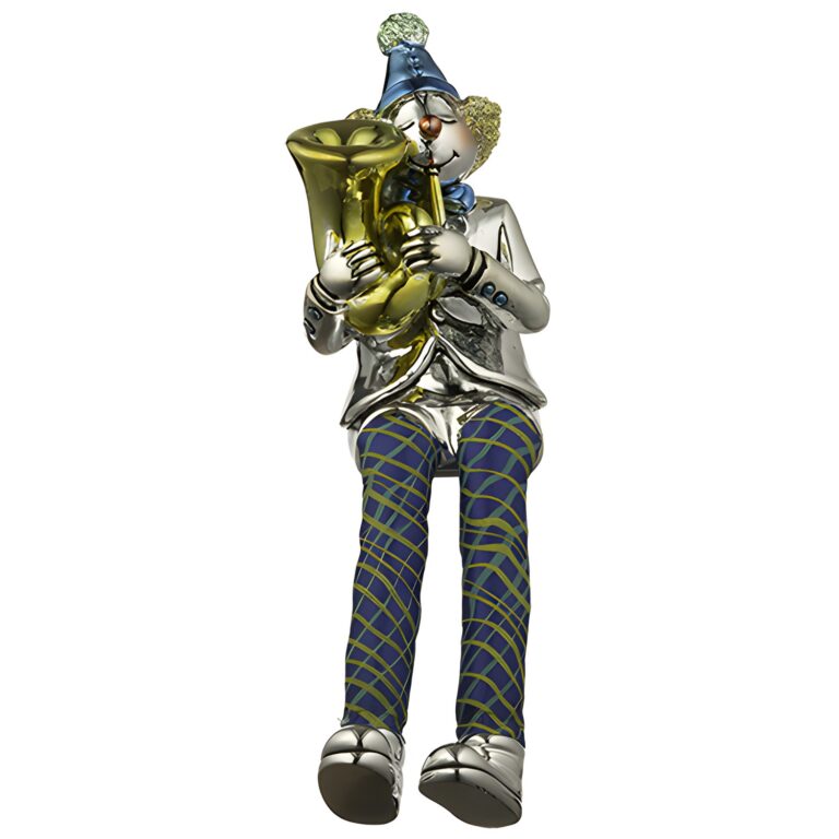 Polymer Clown Figurine with Cloth Legs 12 cm- Trombone Player - Silvered